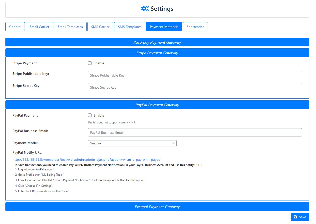 School Payment Settings