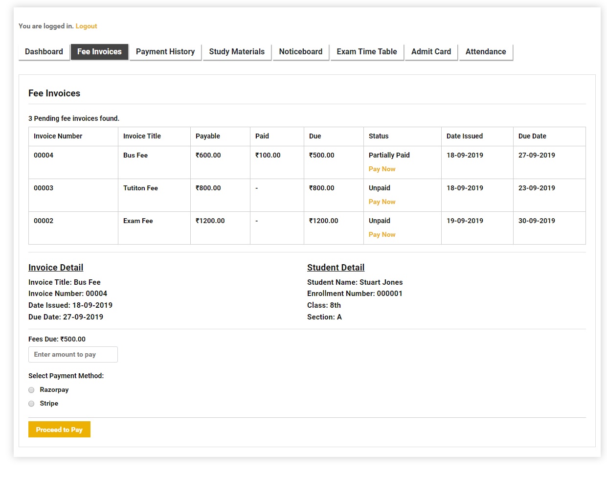 Student Fee Invoices