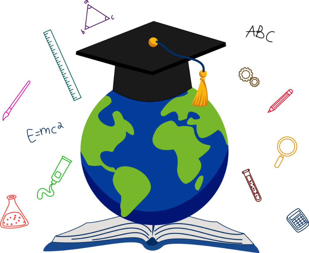Education Ecosystem Illustration - Globe, Graduation Cap and Learning Tools